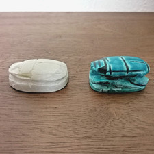 Listing image for Egyptian Stone Scarab Set Hand Carved Sculpture Blue Beige Ancient Egypt Decor