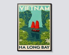 Listing image for Ha Long Bay Vietnam Vintage Travel Poster, Illustration Sea and Cliff Wall Art,