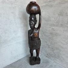 Listing image for Vintage African Hand Carved Wooden Statue Woman Carrying Water Pot Tribal Art