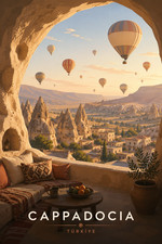 Listing image for Hot Air Balloons over Cappadocia Travel Poster Print Framed Canvas Wall Art