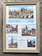 Listing image for Original Prague Watercolor Ink Painting Jiri Vedral Framed Czech Art Landmark