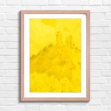 Listing image for Green Hill Castle Ruin Painting Yellow Framed Wall Art Print Large Picture Home