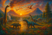 Listing image for Jurassic Sunset Valley Dinosaur Prehistoric Poster Print Framed Canvas Wall Art