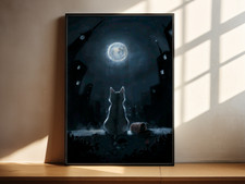 Listing image for Cat And Moon Art Print Mystical Night Animal Illustration Wall Decor