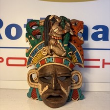 Listing image for Vintage Mexican Folk Art Wood Mask Hand Carved Mayan Aztec Jaguar Serpent 7.5"