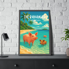 Listing image for Visit The Bahamas Pig Beach Caribbean Travel Poster Print Wall Art Unframed