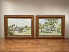 Listing image for Pair Signed Watercolour Paintings Country House Scenes Framed Original Art