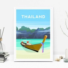 Listing image for Thailand Art Print, Phi Phi Island Travel Poster, Thai Boat Illustration