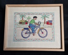 Listing image for Folk Art wood framed embroidered tapestry - Vintage Aarong Bangladesh