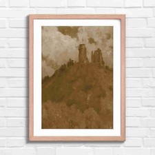 Listing image for Green Hill Castle Ruin Painting Sepia Framed Wall Art Print Large Picture Home