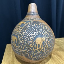 Listing image for Hand Engraved Calabash Vase collectable African Heritage art with elephants etc