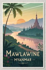 Listing image for Mystical Mawlamyine Myanmar Travel Poster - Exotic Pagoda Skyline Art Print A1-A