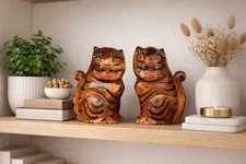Listing image for Handmade Korean Folk Art Wooden Tiger Home Decor Sculpture Set of 2 Gift