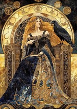 Listing image for Norse Goddess Frigg Mosaic Wall Art Print Queen of Asgard Raven Throne AE51