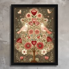 Listing image for Folk Art Tree of Life Wall Art Floral Bird Illustration Scandinavian Art Print