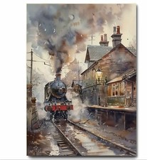 Listing image for Vintage Steam Train at Station Artwork Printed on Aluminium Metal Sign
