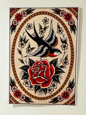 Listing image for Swallow & Rose Art Print A4 Traditional Tattoo Style Floral Bird Wall Decor Goth