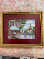 Listing image for Vintage Asian Gemstone Mosaic Framed Art Temple Landscape Wall Decor Gold Frame