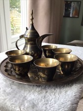 Listing image for Vintage Brass Dallah Coffee Pot, Cups & tray Middle East Decorative Collectible