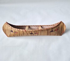 Listing image for Vintage Native Birch Bark Canoe Miniature Model 11" Folk Art Quillwork Decor VGC