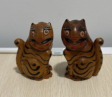 Listing image for Pair of Korean Folk Art Tiger Figurines - Oriental Wood Style Animal Statues