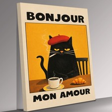 Listing image for Black Cat Bonjour Mon Amour French Cafe Poster Canvas Print Wall Art Picture