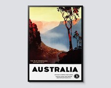 Listing image for Blue Mountains Australia Vintage Travel Poster, Misty Mountain Valley Wall Art,