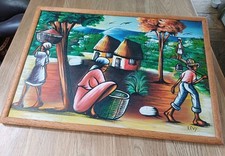 Listing image for Vintage Folk Art Haitian Hut Village Mountain Scene Painting Haiti Signed LEVY