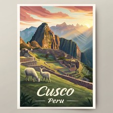 Listing image for Captivating Cusco Peru Travel Poster - Ancient Incan Ruins & Llamas Art Print mo