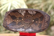 Listing image for Antique Handmade North African Tuareg Wood Bowl, Halaab, Engraved Brass Decor