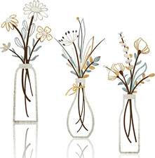 Listing image for 3 Pcs Metal Flower Wall Arts, Rustic Farmhouse Decor Beige Minimalist Floral Han