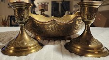 Listing image for Antique Middle Eastern brass decorative set with engraved floral motifs.