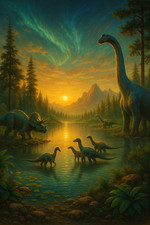 Listing image for Dino Lake Kingdom Prehistoric Jurassic Poster Print Framed Canvas Wall Art