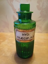 Listing image for Antique green Ribbed Apothecary Bottle HYD PRÀeCIP ALB with Stopper 14 Cm