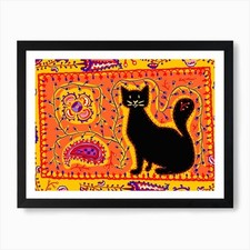 Listing image for A black cat on the uzbek embroidary Framed Wall Art Poster Canvas Print Picture