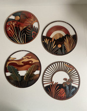 Listing image for Set of 4 Round Wooden Wall Hangings Pictures , Abstract Botanical, Boho